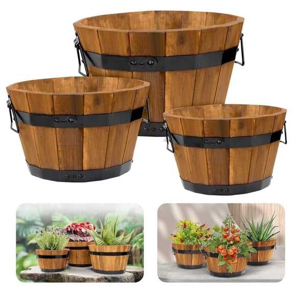Set of 3 Wooden Flower Boxes Outdoor, Durable Acacia Wood Barrel Planters for Outdoor Plants with Ergonomic Handles, Drainage Holes, Multiple Sizes Wood Bucket Planter Light Brown