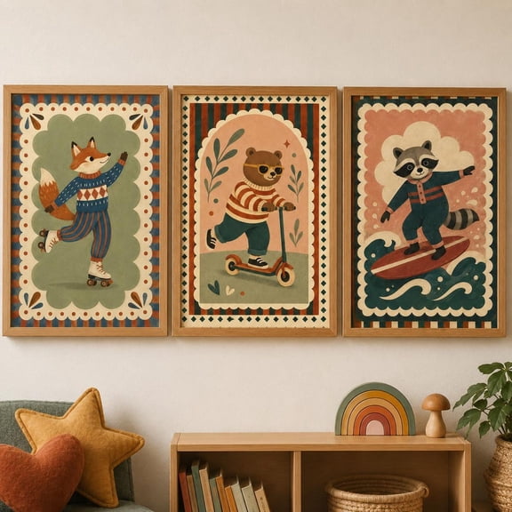 Set of 3 Woodland Animal Nursery Wall Art, Folk Art Fox Raccoon Bear Prints, Whimsical Forest Animal Decor, Kids Room & Playroom Posters, Stretched Canvas