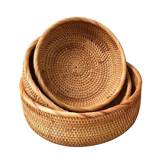 Set of 3 Woven Wicker Bread Baskets For Fruit Vegetable Bowl Food Potato Storage Organizing Keys Wallet Kitchen Counter Small To Large Rattan Round Woven Basket Serving Bowls Chips