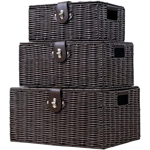 Set of 3 Woven Wicker Storage Basket Box with Lids & Lock, Built-in Carry Handles, Multifunctional Storage Organizer for Nursery, Baby, Clothes, Toys, Books, Large/Medium/Small Size (Brown)