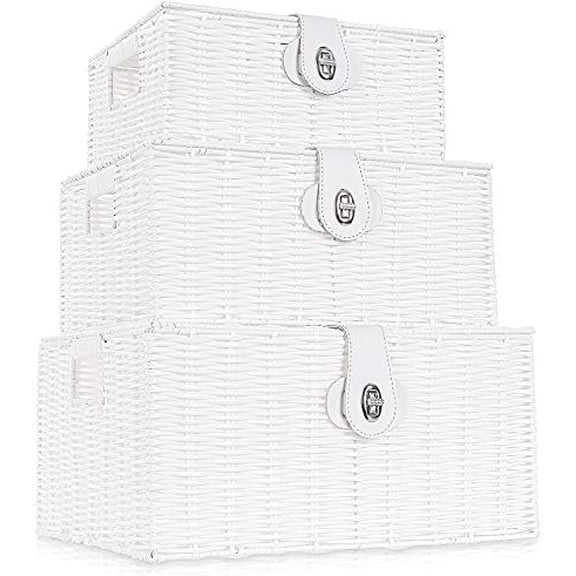 Set of 3 Woven Wicker Storage Basket Box with Lids & Lock, Built-in Carry Handles, Multifunctional Storage Organizer for Nursery, Baby, Clothes, Toys, Books, Large/Medium/Small Size (White)