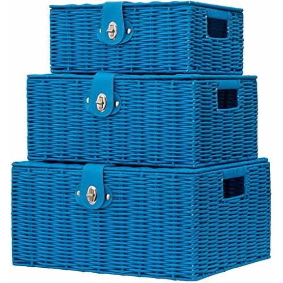 Set of 3 Woven Wicker Storage Basket Box with Lids & Lock, Built-in Carry Handles, Multifunctional Storage Organizer for Nursery, Baby, Clothes, Toys, Books, Large/Medium/Small Size (Blue)