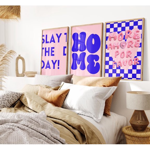 Set of 3 dopamine Decor Prints Funky kitchen or gallery Decor, trendy Pink Poster Set for Aesthetic Room Decor, Three piece Wall Art Set, Stretched Canvas