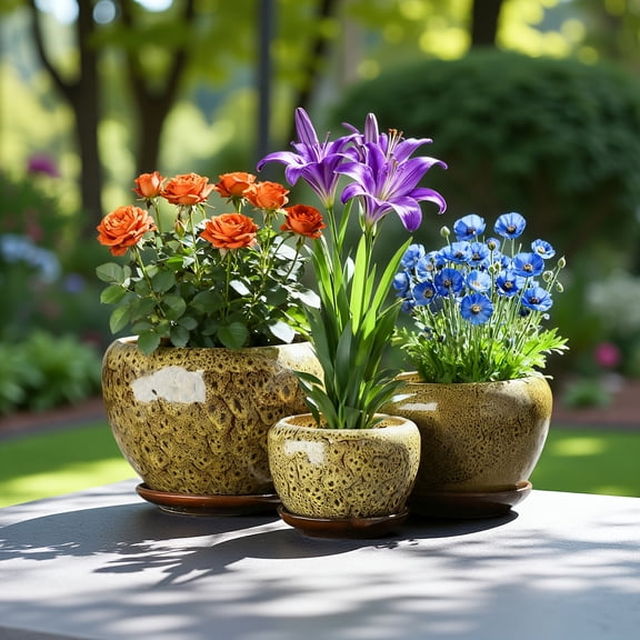 Set of 3 high-end crackle glaze ceramic pots. Handcrafted, textured, for bulbs & succulents. Contemporary, polished finish, drainage hole. Indoor/outdoor.