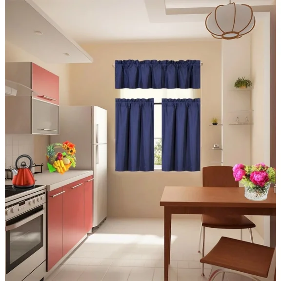 Set of 3 Pieces Kitchen Curtain Blackout K33 Navy Blue Rod Pocket Kitchen/Restaurant Short Window Decor