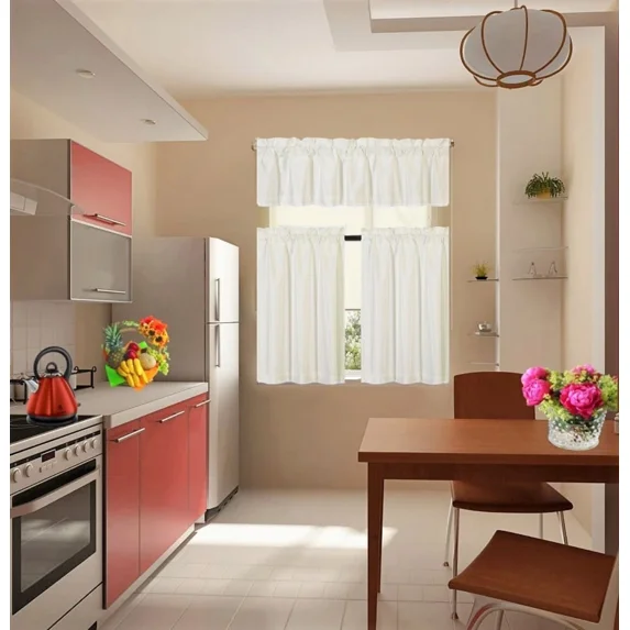 Set of 3 Pieces Kitchen Curtain Blackout K33 Ivory Rod Pocket Kitchen/Restaurant Short Window Decor