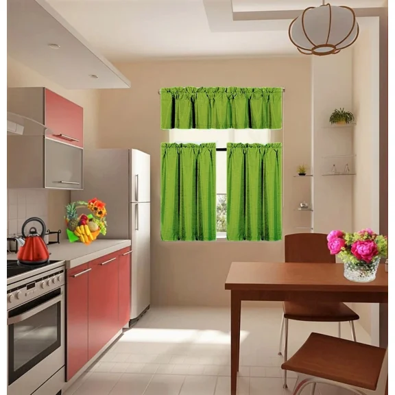 Set of 3 Pieces Kitchen Curtain Blackout K33 Lime Rod Pocket Kitchen/Restaurant Short Window Decor