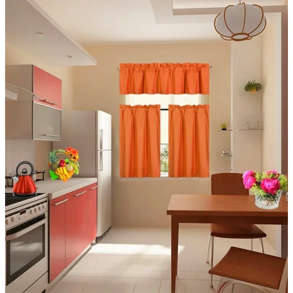 Set of 3 Pieces Kitchen Curtain Blackout K33 Orange Rod Pocket Kitchen/Restaurant Short Window Decor