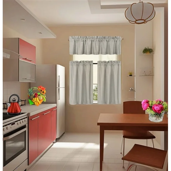 Set of 3 Pieces Kitchen Curtain Blackout K33 Silver Rod Pocket Kitchen/Restaurant Short Window Decor