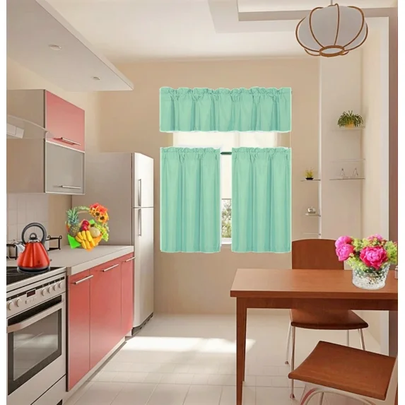 Set of 3 Pieces Kitchen Curtain Blackout K33 Teal Rod Pocket Kitchen/Restaurant Short Window Decor