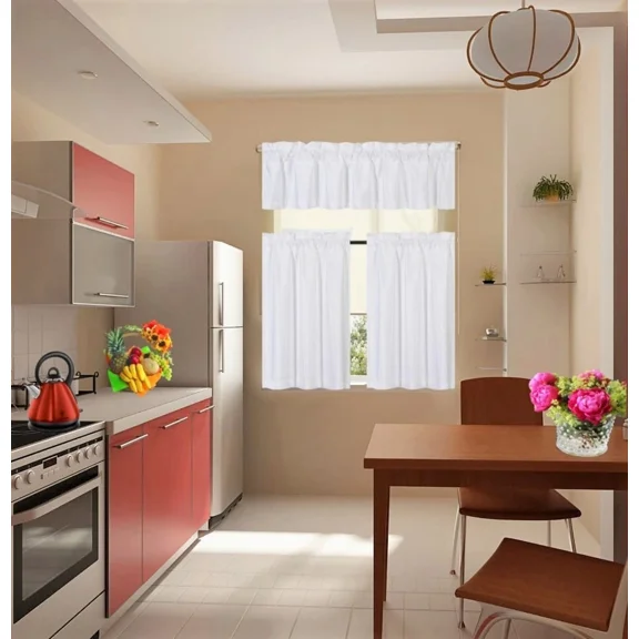 Set of 3 Pieces Kitchen Curtain Blackout K33 White Rod Pocket Kitchen/Restaurant Short Window Decor