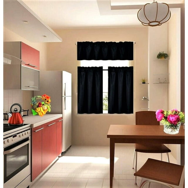 Set of 3 pieces Kitchen Curtain Blackout K4 Black color Rod Pocket