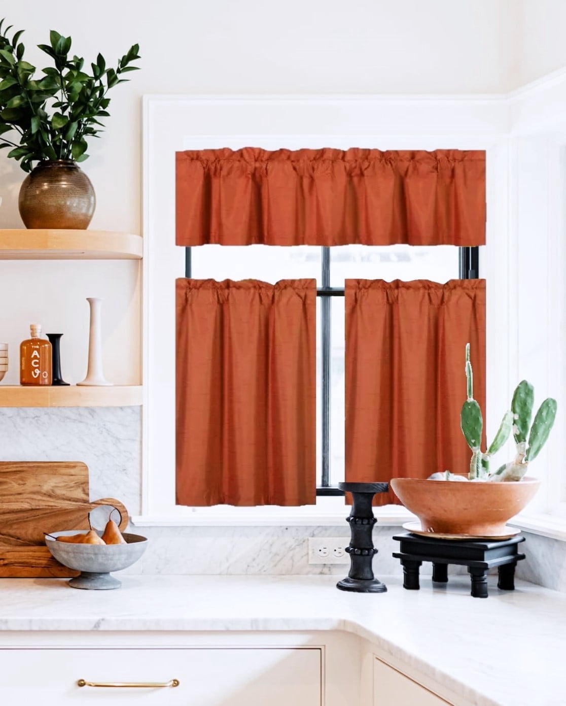 3 Piece Blackout Kitchen Curtain Set, Brick Color, Includes 2 Tier ...
