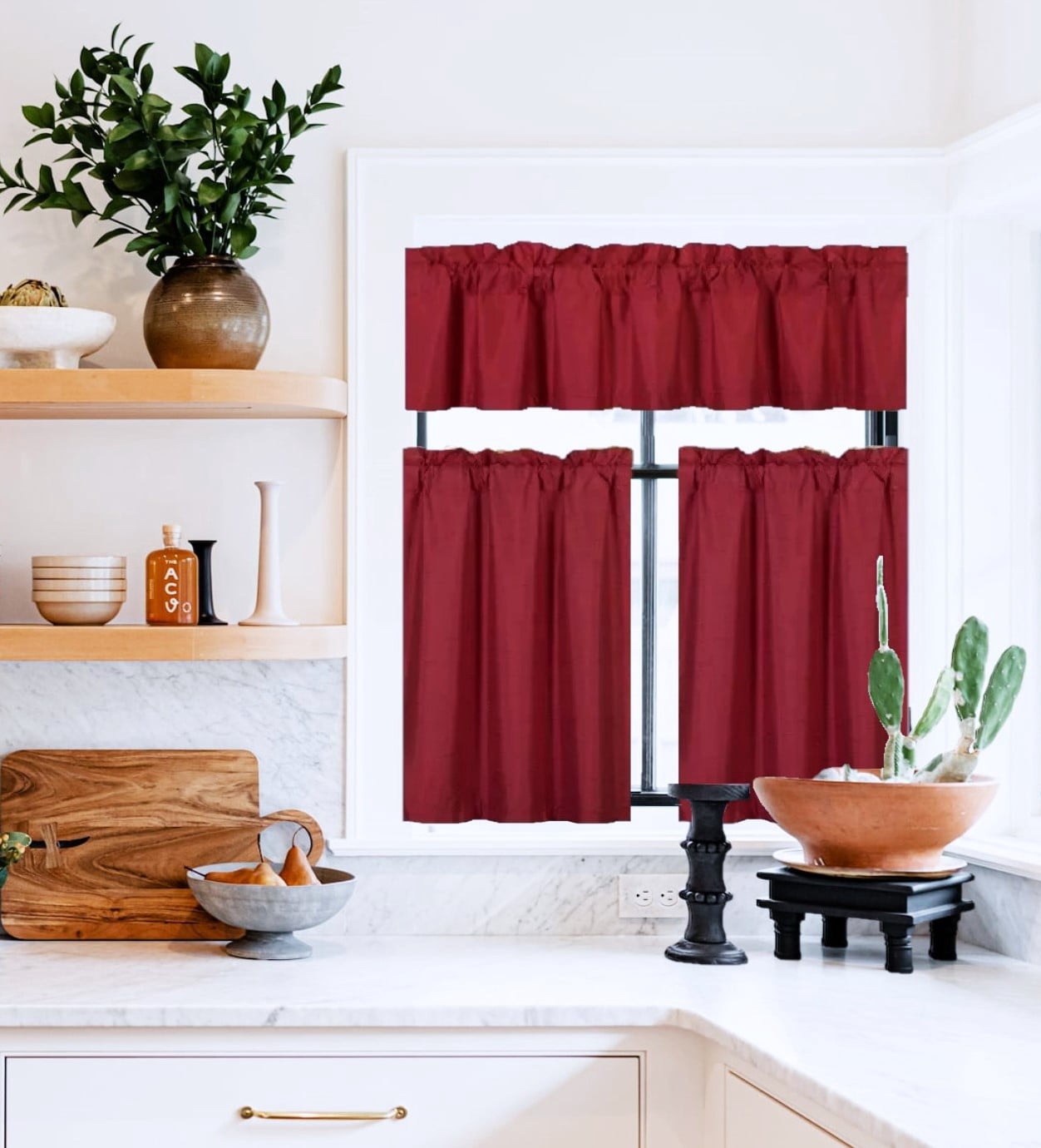 Set of 3 pieces Kitchen Curtain Blackout K4 Burgundy color Rod Pocket Bathroom Short Window Include Two (2) Tier Panels Linen + One (1) Matching Swag Valance