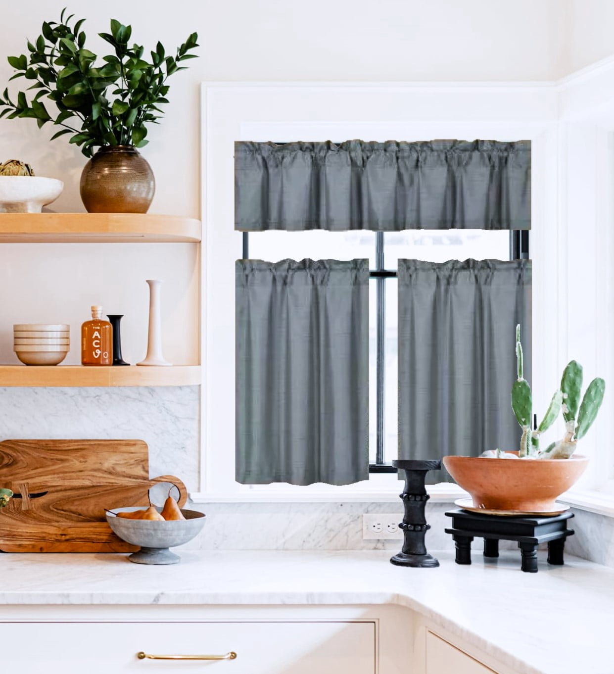 Set of 3 pieces Kitchen Curtain Blackout K4 Charcoal color Rod Pocket Bathroom Short Window Include Two (2) Tier Panels Linen + One (1) Matching Swag Valance