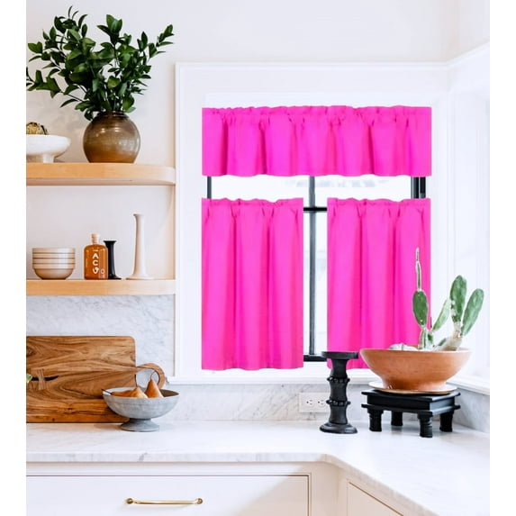 Set of 3 pieces Kitchen Curtain Blackout K4 Hot Pink color Rod Pocket Bathroom Short Window Include Two (2) Tier Panels Linen + One (1) Matching Swag Valance