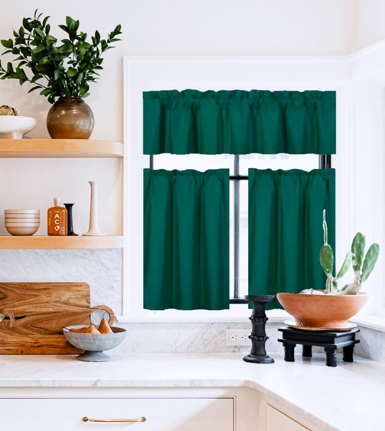 3PC Blackout Kitchen Curtain Set, 2 Tier Panels + Valance, Rod Pocket ...