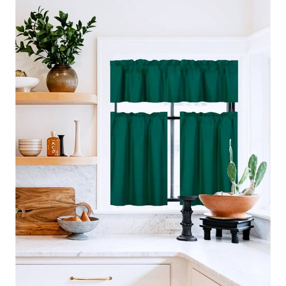 Set of 3 pieces Kitchen Curtain Blackout K4 Hunter color Rod Pocket Bathroom Short Window Include Two (2) Tier Panels Linen + One (1) Matching Valance