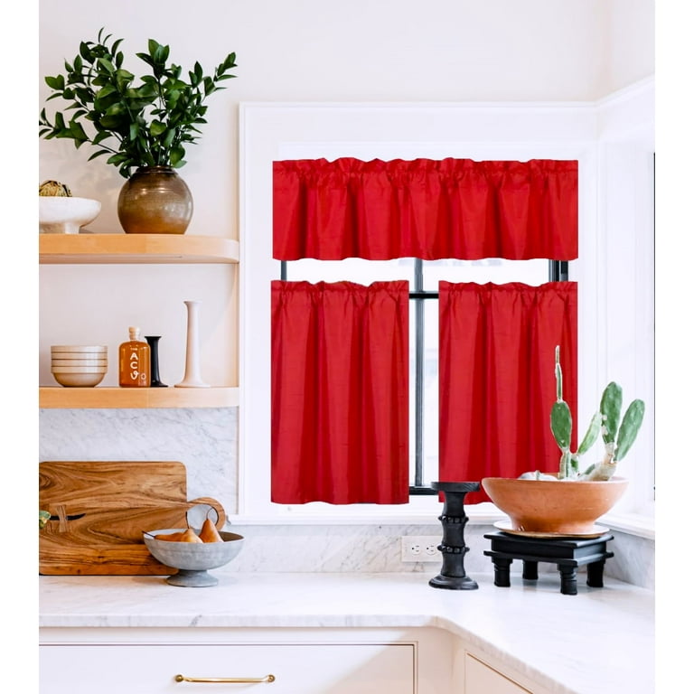 Set of 3 pieces Kitchen Curtain Blackout K4 Red color Rod Pocket Bathroom Short Window Include Two 2 Tier Panels Linen One 1 Matching Valance