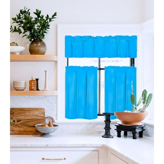 Set of 3 pieces Kitchen Curtain Blackout K4 Turquoise color Rod Pocket Bathroom Short Window Include Two (2) Tier Panels Linen + One (1) Matching Swag Valance