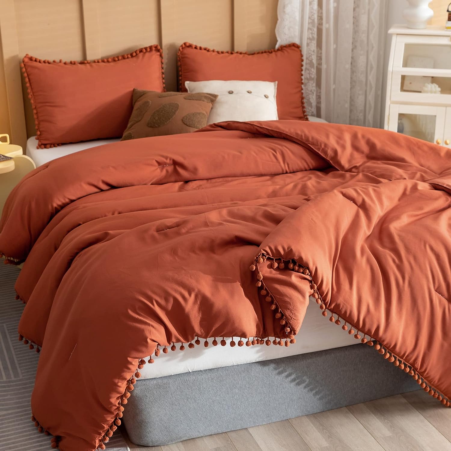 Set of 3 pieces bohemian pompom bedding, aesthetic burnt orange quilt