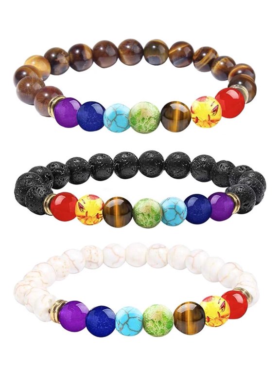 Set 3 x Chakra Bracelets for Women Rock 7 Chakras Crystals and Healing Stones Bracelets 8mm Crystal Bracelets Yoga Beaded Bracelets