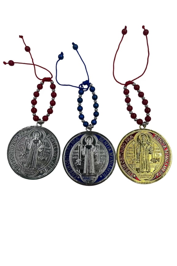 Set 3 x Golden Saint Benedict Medal Protection Blessing Charm, St Benedict Crucifix, Catholic Handmade Jewelry Gift Car Hanging Home Decor
