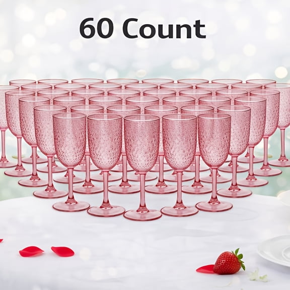 Set of 30 or 60 Colorful Vintage-Design Plastic Stemware Glasses, 5-Ounce Shatterproof Goblets with Embossed Patterns for Champagne, Cocktails, and Party Beverages