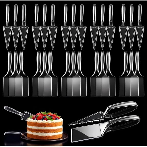 Set of 30 Disposable Cake Server Set, 9'' Plastic Cake Pie & Square Spatula, Clear Pizza Pastry Slicer Serving Utensils for Wedding, Birthday, Party & Catering
