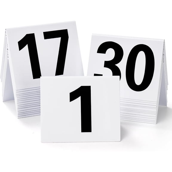 Set of 30 Restaurant Table Numbers1-30 White, Double Side Acrylic Tent Style Table Numbers for Party, Banquets, Wedding Reception, Events, 3.5"x3"x2.3"