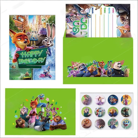 Set of 36pcs Zootopia-2 Themed Happy Birthday 12pcs Invitation Cards & 12pcs Envelopes& 12 circular stickers- Lightweight , Postcard Style Invites for the Perfect Party Pack