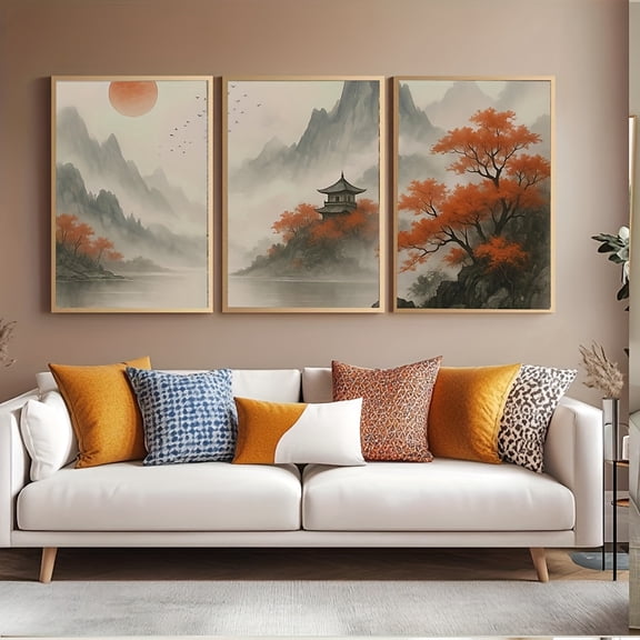Set of 3pcs of High-Grade Decorative Paintings, Unframed, Sanctuary in The Fog – Japanese Minimalist Triptych Mural Set of 3, 2D Flat, High Quality Canvas Painting