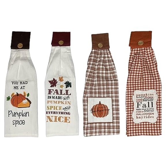 Set of 4, 100% Cotton Halloween/Fall Tie Kitchen Towels Happy Thanksgiving, Pumpking Spice, Pumpkins Fall, Fall is Made with Pumpkin Spice Size: 16 x 18 x 3.5 Inch.