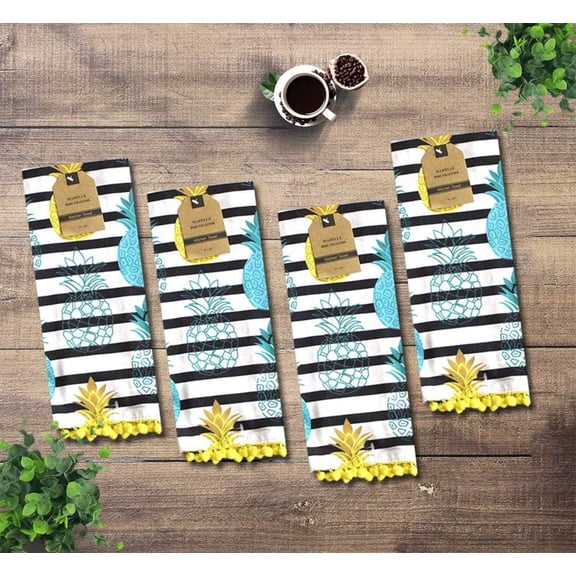 Set of 4, 100% Cotton Pineapple Pompom Design Decorative Kitchen Towel/Tea Towel for Wedding, Baby Shower, Home Decor, Housewarming Size: 16 X 28 Inch.