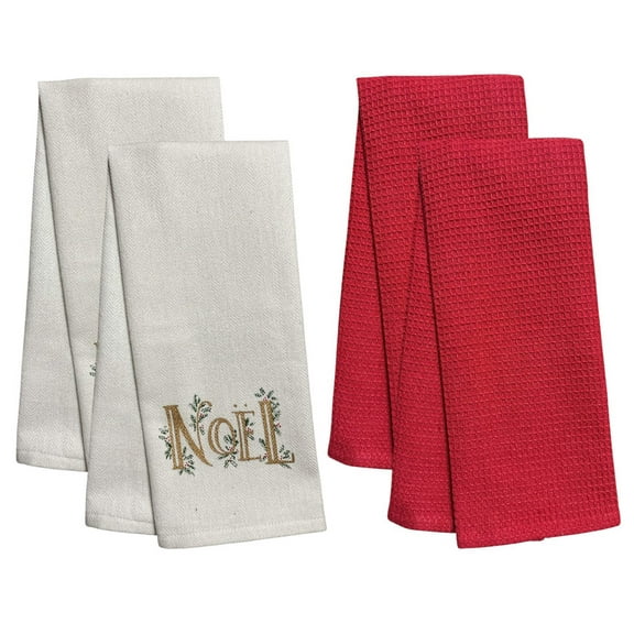 Set of 4, 100% Cotton White Herringbone Pattern Kitchen Towel with Noel and Red Waffle Weave Kitchen Towel / Tea Towels Soft and Absorbent Size: 16 x 28".