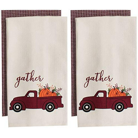Set of 4, 100% Cotton Off White Vintage Truck with Pumpkin Sentiment Gather and Two Tone Waffle Wave Checks Fall/Halloween Festival Flour Sack Tea Towel/Kitchen Towel Size: 16” x 28".