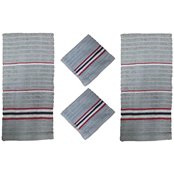 Set of 4, 100 Ring Spun Ribbed Terry Cotton 2 Kitchen Dish Towel Size: 16” x 27”, Wash Cloths Size: 13” x 13” Ultra Absorbent  Durable for Wiping Down Countertops, Dusting or Drying.