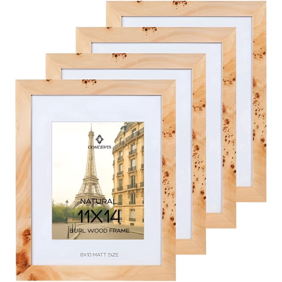 Concepts 11x14 Matted to 8x10 Frames, Natural Finish Burl Wood Picture Frames for Wall, Family Photo Frames – Vertical / Horizontal ( Set of 4 )