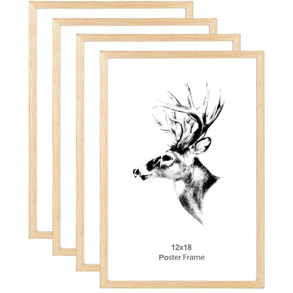 Set of 4 12x18 Solid Natural Oak Wood Picture Frames, Wall-Mounted with Horizontal/Vertical Hanging, Fits Photos, Art Prints & Family Portraits, Ideal for Home Office Dcor