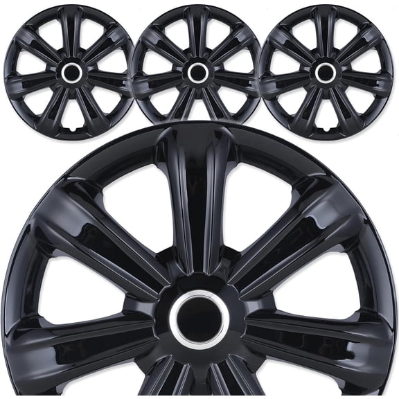 Set of 4- 14" Universal Wheel Rim Covers, Black Lacquer Hubcaps, ABS Material, Snap-On Replacement for Toyota Nissan Hyundai Honda BYD KIA Tesla and More Models
