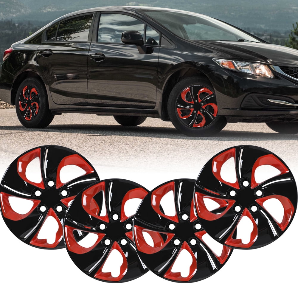(Set of 4) 15" Hubcap Fit for Honda Civic Sedan 2013-2015,Wheel Rim Cover Fit for Honda Civic Coupe 2013,Fit for Steel Wheels Bolt on Installation,Black Lacquer & Red Lacquer