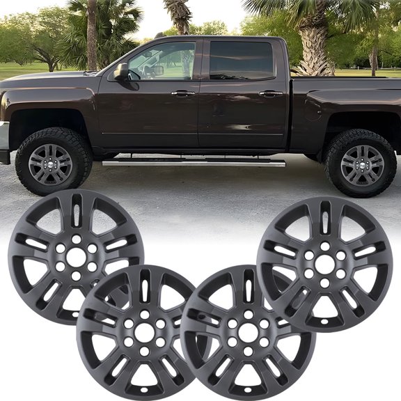 (Set of 4) 18 inch Alloy Wheel Skins for Chevy Silverado 1500 2014-2018 & Silverado 1500 LD 2019,Snap-on Hubcap for Chevy Suburban / Tahoe 2015-2020,Center Cap can be Reattached,Black Matte