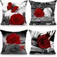 thumbnail image 1 of Set of 4 18x18 Flower Throw Pillow Covers Red Rose Gray Black Decorative Pillow Covers Couch Bed Sofa Floral Square Pillow Cover Red Black Linen Farmhouse Pillow Case Spring Summer (Red Black), 1 of 6