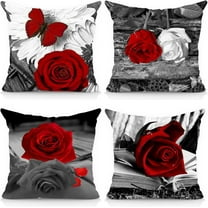 Set of 4 18x18 Flower Throw Pillow Covers Red Rose Gray Black Decorative Pillow Covers Couch Bed Sofa Floral Square Pillow Cover Red Black Linen Farmhouse Pillow Case Spring Summer (Red Black)