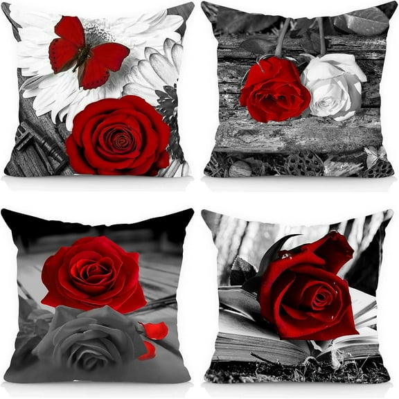 Set of 4 18x18 Flower Throw Pillow Covers Red Rose Gray Black Decorative Pillow Covers Couch Bed Sofa Floral Square Pillow Cover Red Black Linen Farmhouse Pillow Case Spring Summer (Red Black)