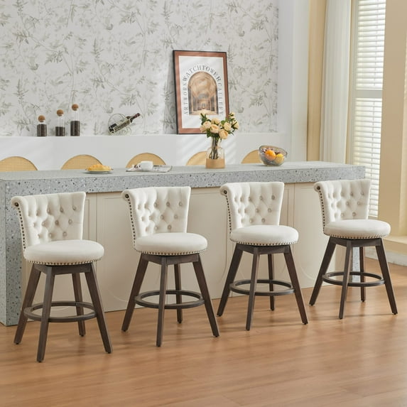 Set of 4 26" Counter Height Bar Stools, 360° Swivel Stools with Back & Hand, Tufted Button, Trimmed Edges, Upholstered Velvet Kitchen Counter Stools on Wood Legs (Beige)