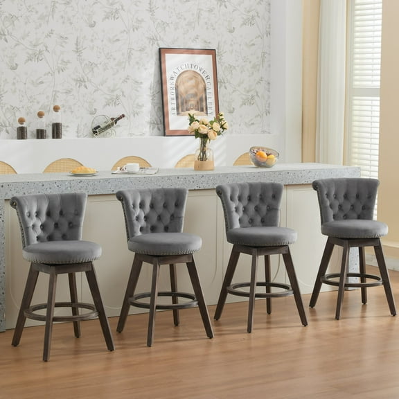Set of 4 26" Counter Height Bar Stools, 360° Swivel Stools with Back & Hand, Tufted Button, Trimmed Edges, Upholstered Velvet Kitchen Counter Stools on Wood Legs (Gray)