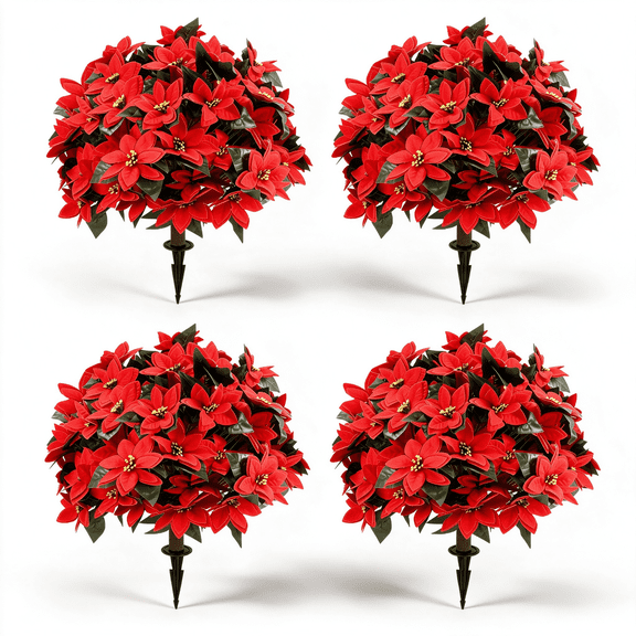 XUESON 27 Inch Artificial Poinsettia Topiary Ball Trees 4 Pack, UV Resistant Faux Christmas Plants with Ground Spike, Indoor Outdoor Holiday Decor
