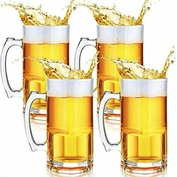 Set of 4 34 oz Extra Large Beer Mugs with Handles Glass German Clear Tall Heavy Beer Cups Steins Mugs Pint Weizen Glasses for Freezer Coffee Drinking Tea Water Cocktail Alcohol Beverages Pub