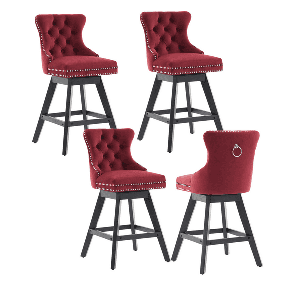 Set of 4 360 Swivel Swivel Velvet Counter Heght Barstools with Button Tufted Decoration and Wooden Legs, and Chrome Nailhead Trim, Leisure Style Bar Chairs,Bar stools